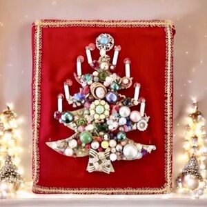 Vintage Jewelry Christmas Tree Collage Art Hand Crafted Assemblage￼ 8 X 10